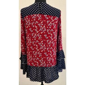 Suzanne Betro Red White & Blue Trumpet Sleeve Keyhole Neck Blouse Size Medium